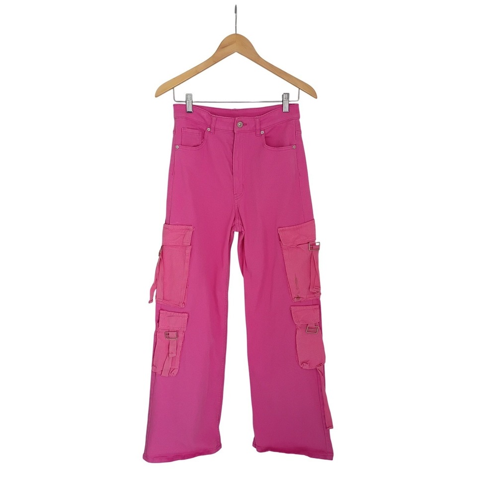 Hot Pink Cargo Jeans Wide Leg High Waisted Denim Pants - Picture 3 of 9
